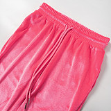 Women Velvet Drawstring Zipper Cop Top And Wide-leg Pants 2 Piece Suits MXXB-K23ST564