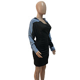 Women Denim Patchwork Long-sleeved Slim Mini Dresses GT-9161