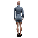 Long Sleeve Turn-down Collar Elastic Short Cotton Jumpsuit Romper MEM-88538