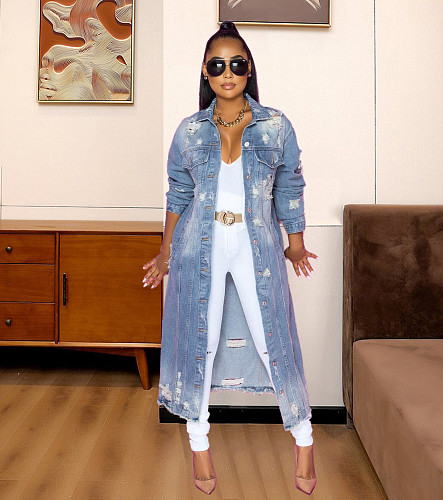 Women's Full Sleeve Outwear Ripped Loose Long Denim Coat LX-6083