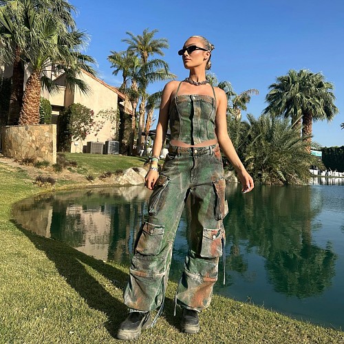 Halter Lace Up Vest Zipper Off Neck Bandeau Sling Pants Sets RS-06601