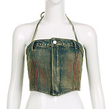 Halter Lace Up Vest Zipper Off Neck Bandeau Sling Pants Sets RS-06601