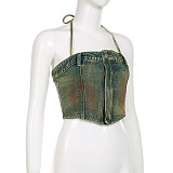 Halter Lace Up Vest Zipper Off Neck Bandeau Sling Pants Sets RS-06601