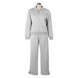 Women's Casual Solid Hoodies Zipper Neck Pants Sets AIL-258