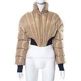 Autumn Winter Women Stripes Zipper High Neck Warm Cotton Jacket MXXB-Y23TP407