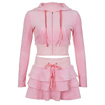 Women Hooded Jacket Tiered Skirt Fall Winter Pink Outfits RS-06399