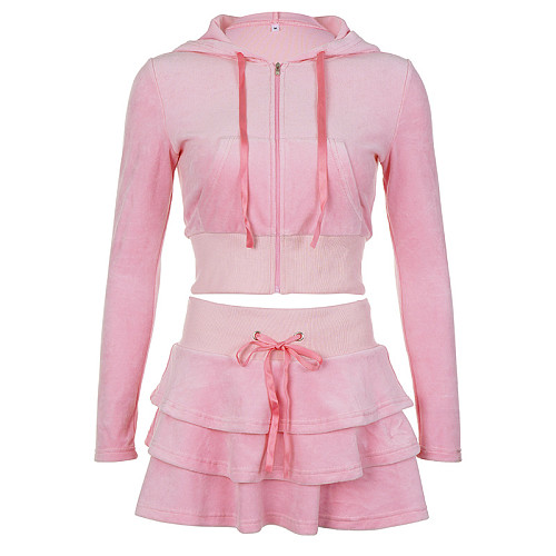 Women Hooded Jacket Tiered Skirt Fall Winter Pink Outfits RS-06399