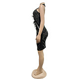Stylish Ladies Halter Hot Drilliing Mesh Feather Bodycon Mini Dress BY-6815