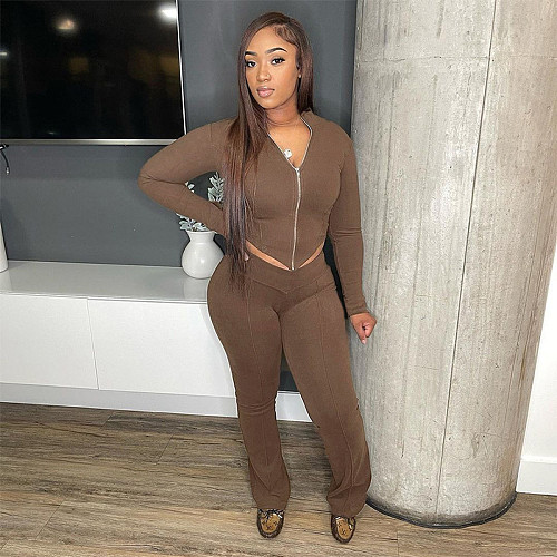 2 Piece Set Long Sleeve Zip Up Jacket Flare Pants Track Suit RS-08152