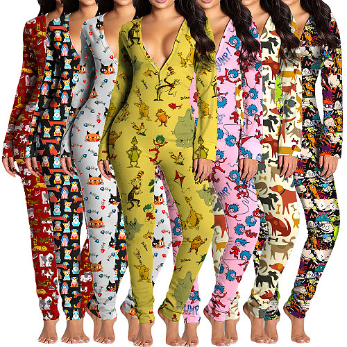 Cute Cartoon Print Skinny Pajama One Piece Jumpsuit BNY-7240