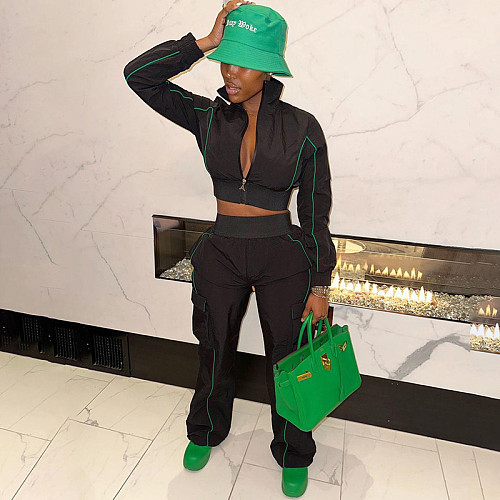 Zip Up Cropped Jacket and Cargo Pants Sweatsuits Winter Outfits RS-07181