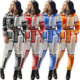 2 Piece Outfit Patchwork Crop Zipper Jacket and Pants Set WSY-5810