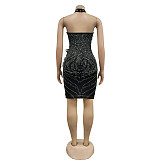 Stylish Ladies Halter Hot Drilliing Mesh Feather Bodycon Mini Dress BY-6815