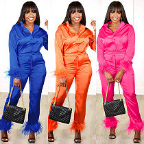Feather Spliced Long Sleeve Shirt Straight Pants Suit WSY-5956