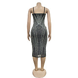 Sexy Hot Drilling Mesh Patchwork Straps Slim Women Midi Dresses BY-6821
