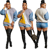 Women Denim Knitted Patchwork Sweater Top ZAND-31267