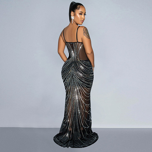 Sexy Ladies Hot Drilling Mesh Patchwork Straps Slim Long Dresses BY-6820