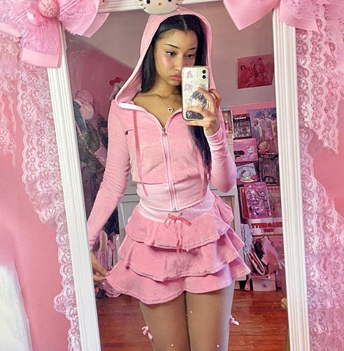 Women Hooded Jacket Tiered Skirt Fall Winter Pink Outfits RS-06399