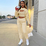 Three Piece Sets Women Vest Drawstring Long Pant Sets Hooded Solid Sports Top RS-byj100
