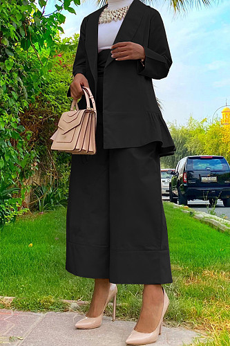 Women Suit Coat High Waist Loose Pants Black 2 Pieces Sets BGN-310