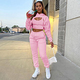 Three Piece Sets Women Vest Drawstring Long Pant Sets Hooded Solid Sports Top RS-byj100