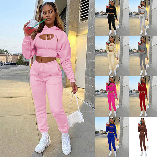 Three Piece Sets Women Vest Drawstring Long Pant Sets Hooded Solid Sports Top RS-byj100