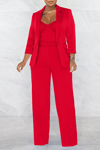 Elegant Ladies Suit Coat +Straps Jumpsuits Solid Color Two Pieces Sets BGN-238