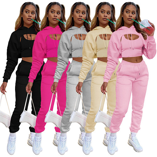 Three Piece Sets Women Vest Drawstring Long Pant Sets Hooded Solid Sports Top RS-byj100