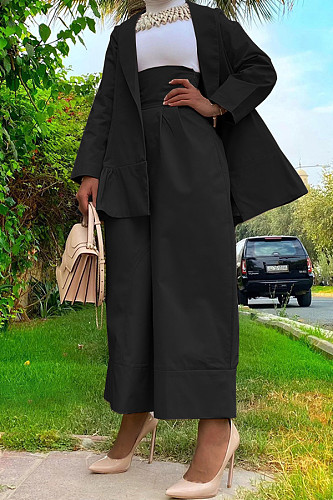 Women Suit Coat High Waist Loose Pants Black 2 Pieces Sets BGN-310
