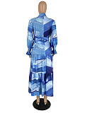 Elegant Girls Prints Lapel Buttons Pleated Long Dresses YH-5350