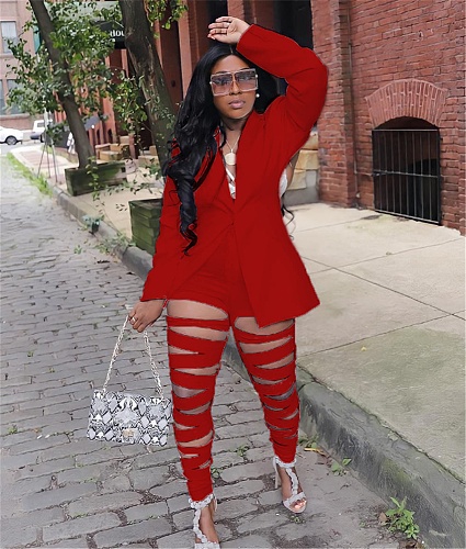 Cut Out Waist Blazer Ripped Hole Pencil Pants Set LUO-3668