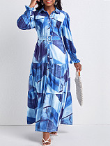Elegant Girls Prints Lapel Buttons Pleated Long Dresses YH-5350