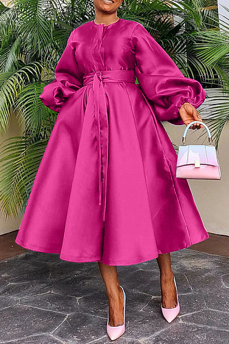 Ladies Solid Color Loose Button Lantern Sleeve Maxi Dresses BGN-311