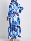 Elegant Girls Prints Lapel Buttons Pleated Long Dresses YH-5350