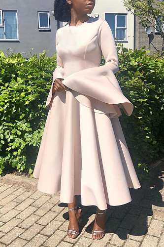 Women Solid Color Round Neck Flared Sleeves Hem Maxi Dresses BGN-306
