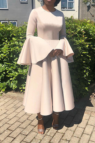 Women Solid Color Round Neck Flared Sleeves Hem Maxi Dresses BGN-306