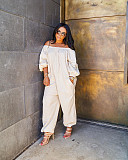 Solid Casual Sweet Loose Overalls Linen Off Shoulder Jumpsuit OLY-6017