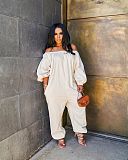 Solid Casual Sweet Loose Overalls Linen Off Shoulder Jumpsuit OLY-6017