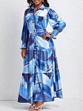 Elegant Girls Prints Lapel Buttons Pleated Long Dresses YH-5350