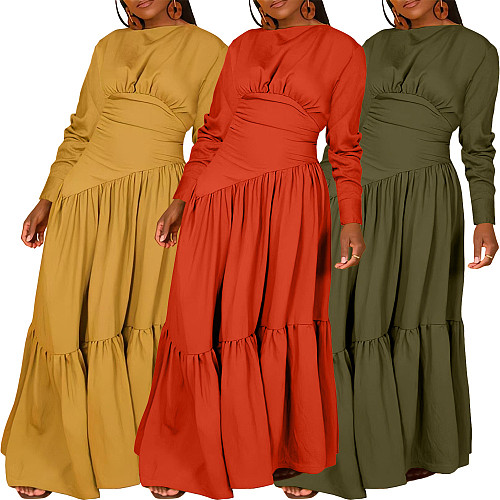 Women Long Sleeved Round Collar Ruffled Long Dresses BGN-315