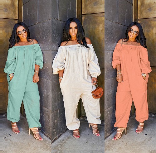 Solid Casual Sweet Loose Overalls Linen Off Shoulder Jumpsuit OLY-6017
