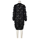 Black Tassel Lace Stand Neck Loose Midi Dress ZS-0647