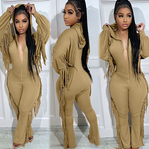2024 Fringe Zipper Black Hoodie Jumpsuit JR-3754