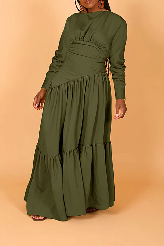 Women Long Sleeved Round Collar Ruffled Long Dresses BGN-315