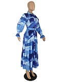Elegant Girls Prints Lapel Buttons Pleated Long Dresses YH-5350