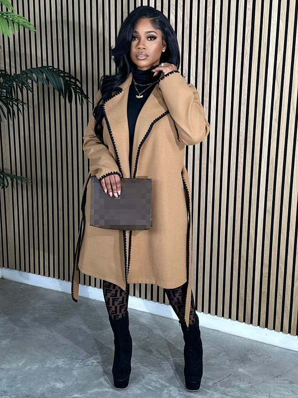 Women's Woolen Long Sleeve Lapel Neck Loose Trench Coat ZS-0644