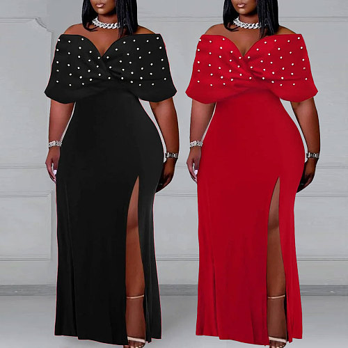 2024 Large Size 4XL Women Off Shoulder Pearl Split Maxi Dress NY-3102