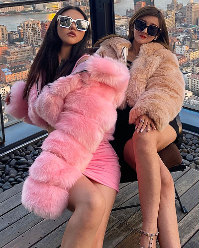 2024 Autumn Winter Women Short Faux Fur Hoodies Coat Large Size RS-QYXLM