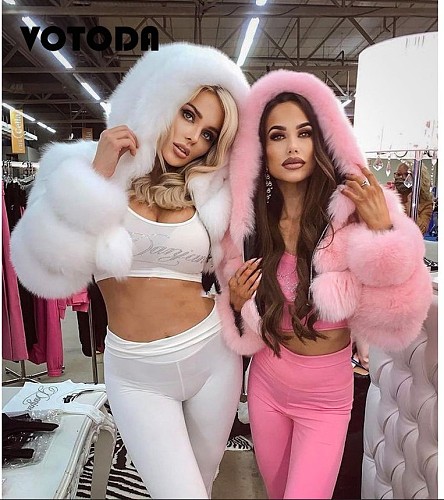 2024 Autumn Winter Women Short Faux Fur Hoodies Coat Large Size RS-QYXLM