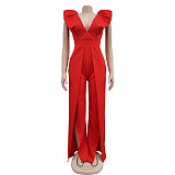2024 Sexy Deep-V Backless Solid Color Slit Long Jumpsuit BY-6805